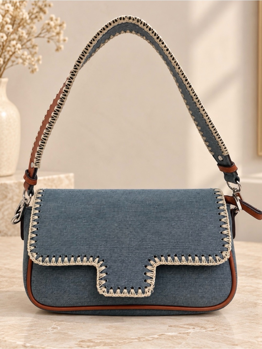 Dolce Vita Denim Blue & Cognac Whipstitch Shoulder Bag